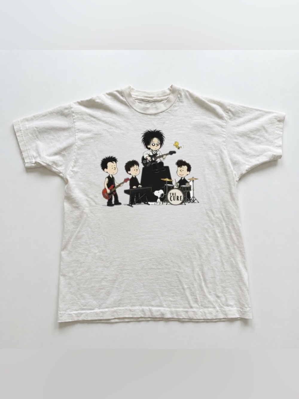 White Graphic Band Tee with Black & Red Accents